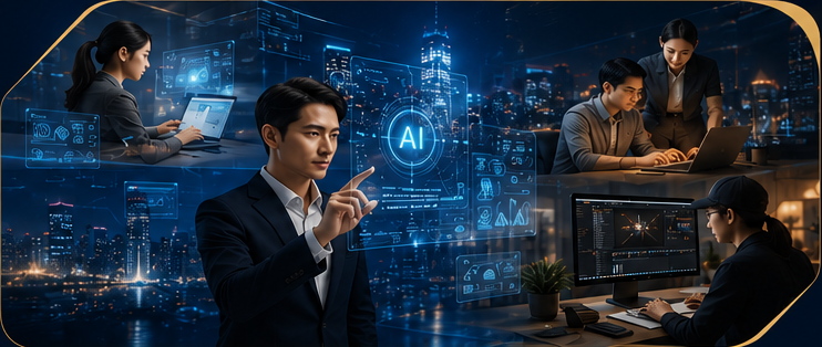 AI 科技、企業顧問與創意團隊協作情境